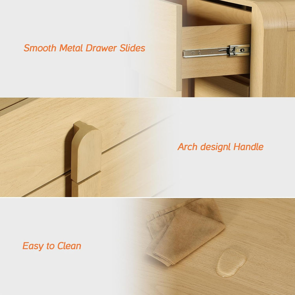 WAMPAT Nightstands Set of 2, Large Nightstands with 3 Drawers, Modern 31.5' Tall Wooden End Tables with Storage, Oak Nightstands Bedside Tables with Curved Design for Bedroom
