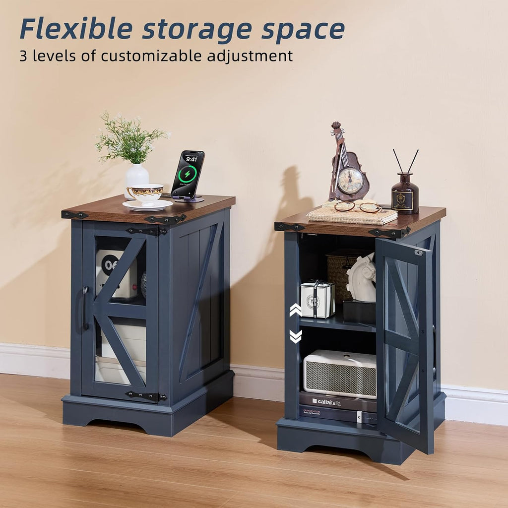 Joaxswe Narrow Night Stand Set 2 with Charger Station, Farmhouse Side End Table with Glass Barn Door Storage, Bedside Tables,Navy Blue Nightstand Cabinet Organizer for Small Spaces Living Room Bedroom