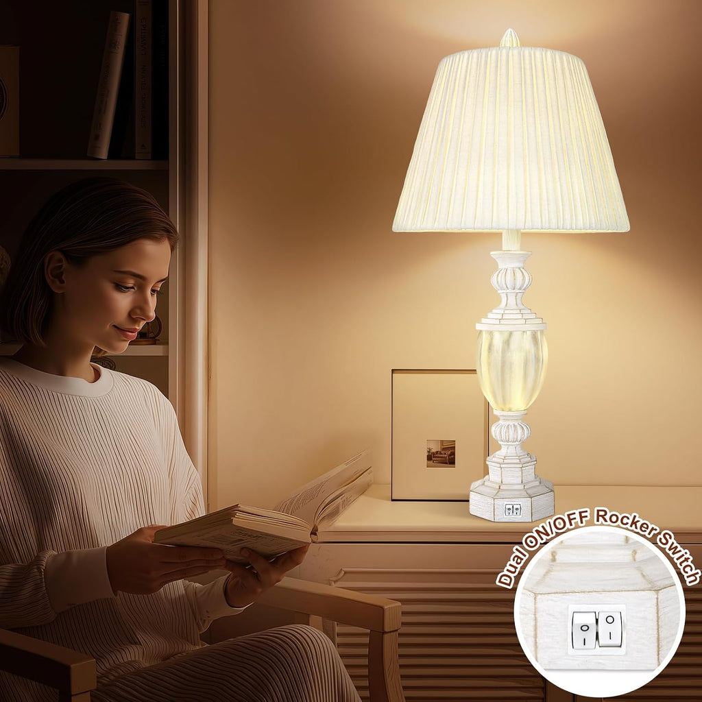 27' Rustic End Table Lamp Set of 2 with Night Light for Bedroom Living Room USB Charging Pots Farmhouse Bedside Lamp with Pleated Shade Boho Nightstand Lamps for Room Office Hotel Dorm(Bulb Included)