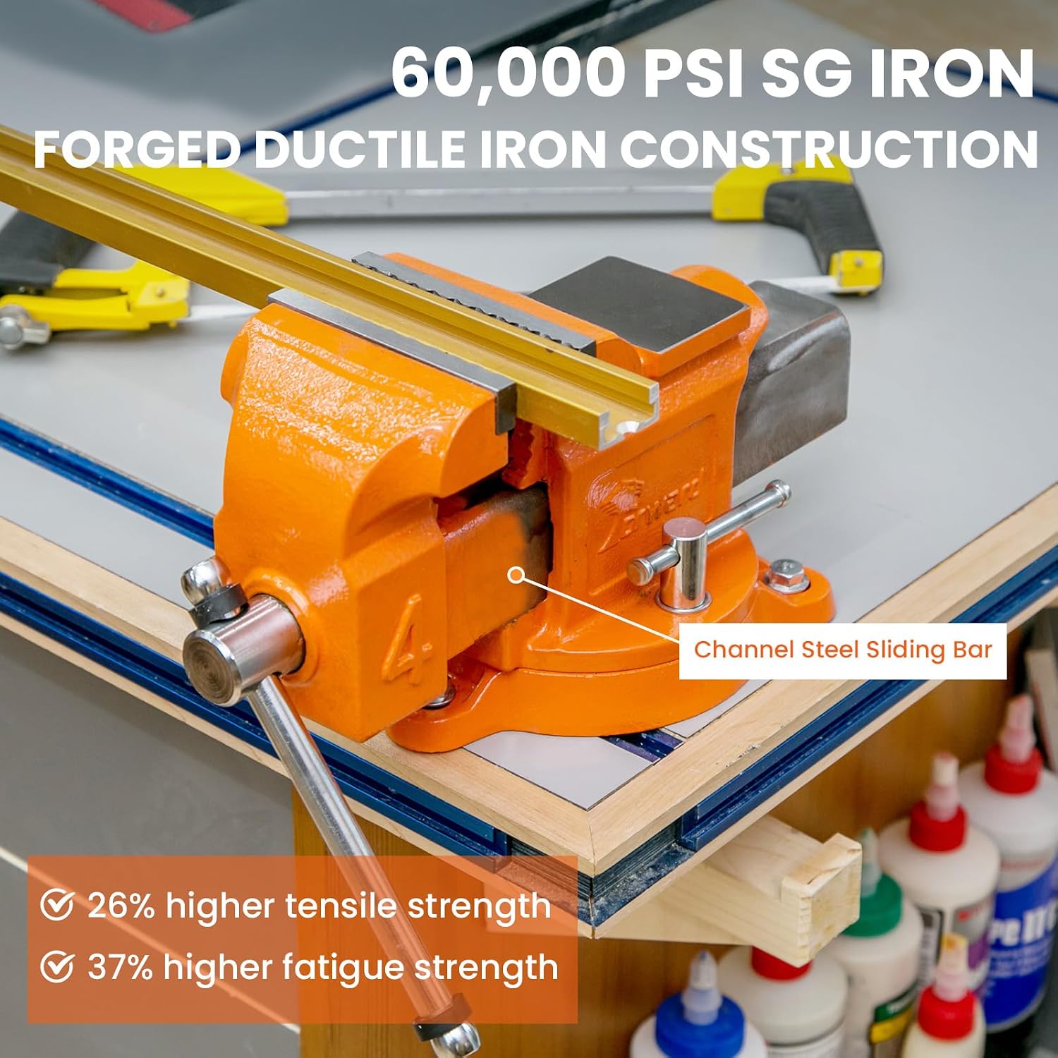Forward Bench Vise 6 Inch Ductile Iron Bench Vice with 360 Degree Swivel Base and Channel Steel Guide Bar 30606 (6')
