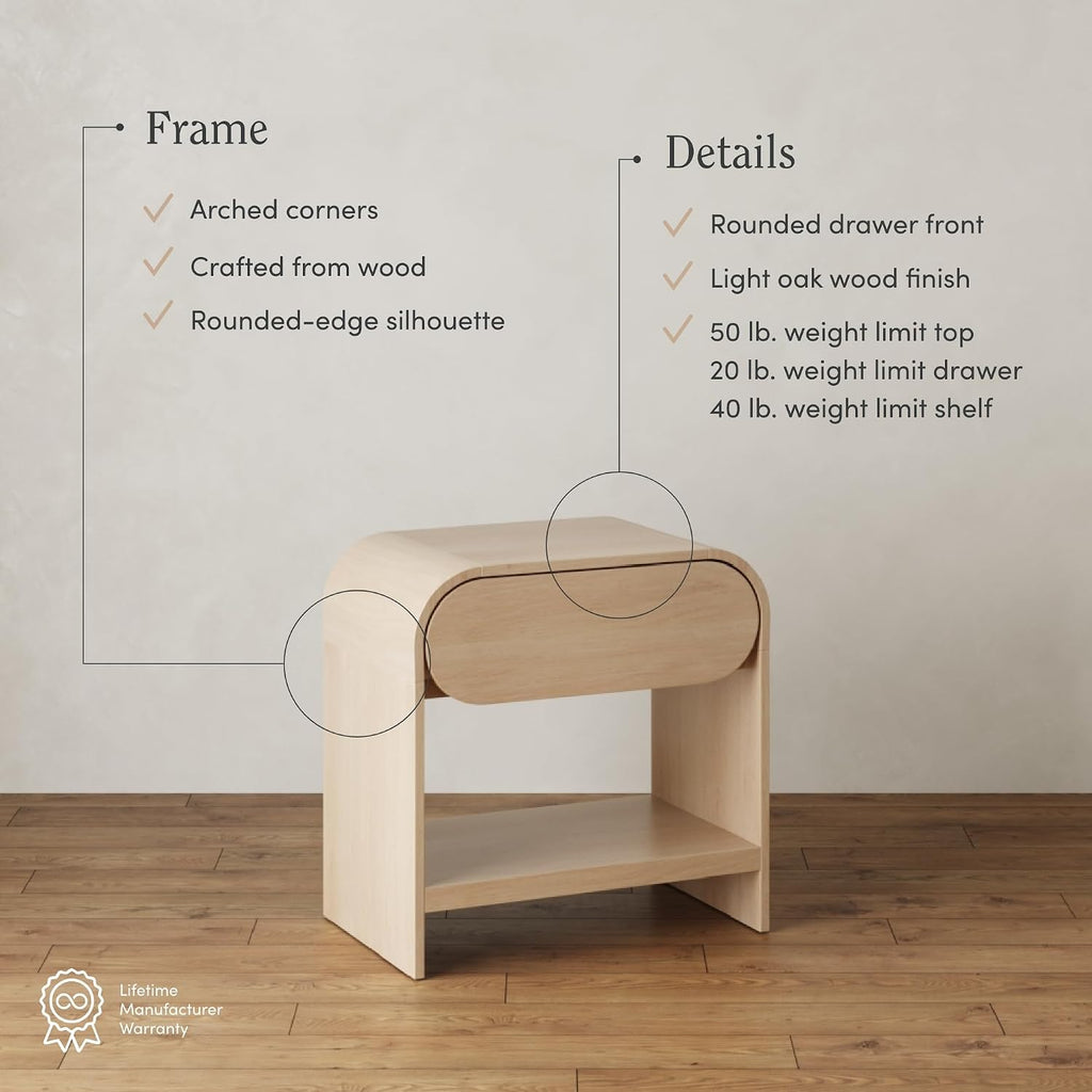 Nathan James Iris Mid-Century Modern Nightstand with Drawer, End Table with Storage for Bedroom or Living Room with Rounded Silhouette, Light Oak Set of 2
