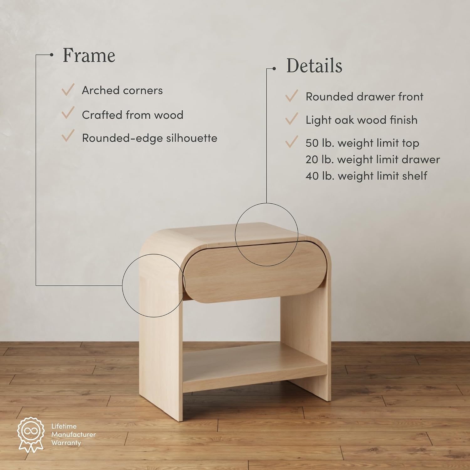 Nathan James Iris Mid-Century Modern Nightstand with Drawer, End Table with Storage for Bedroom or Living Room with Rounded Silhouette, Light Oak Set of 2