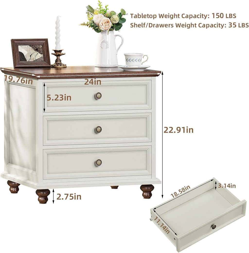 Joaxswe 24' Wide Farmhouse Night Stand Set of 2,Large End Table with 3 Drawers & Metal Handle,White Wood Dresser for Bedroom, Bed Side Table Chest of Drawers Cabinet, Nightstand for Living Room,Closet