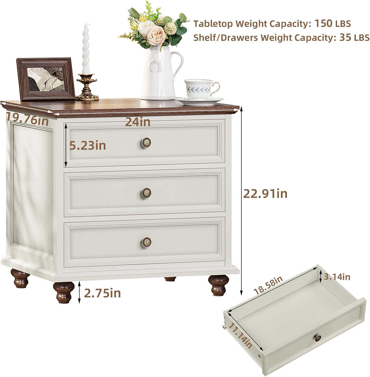 Joaxswe 24' Wide Farmhouse Night Stand Set of 2,Large End Table with 3 Drawers & Metal Handle,White Wood Dresser for Bedroom, Bed Side Table Chest of Drawers Cabinet, Nightstand for Living Room,Closet