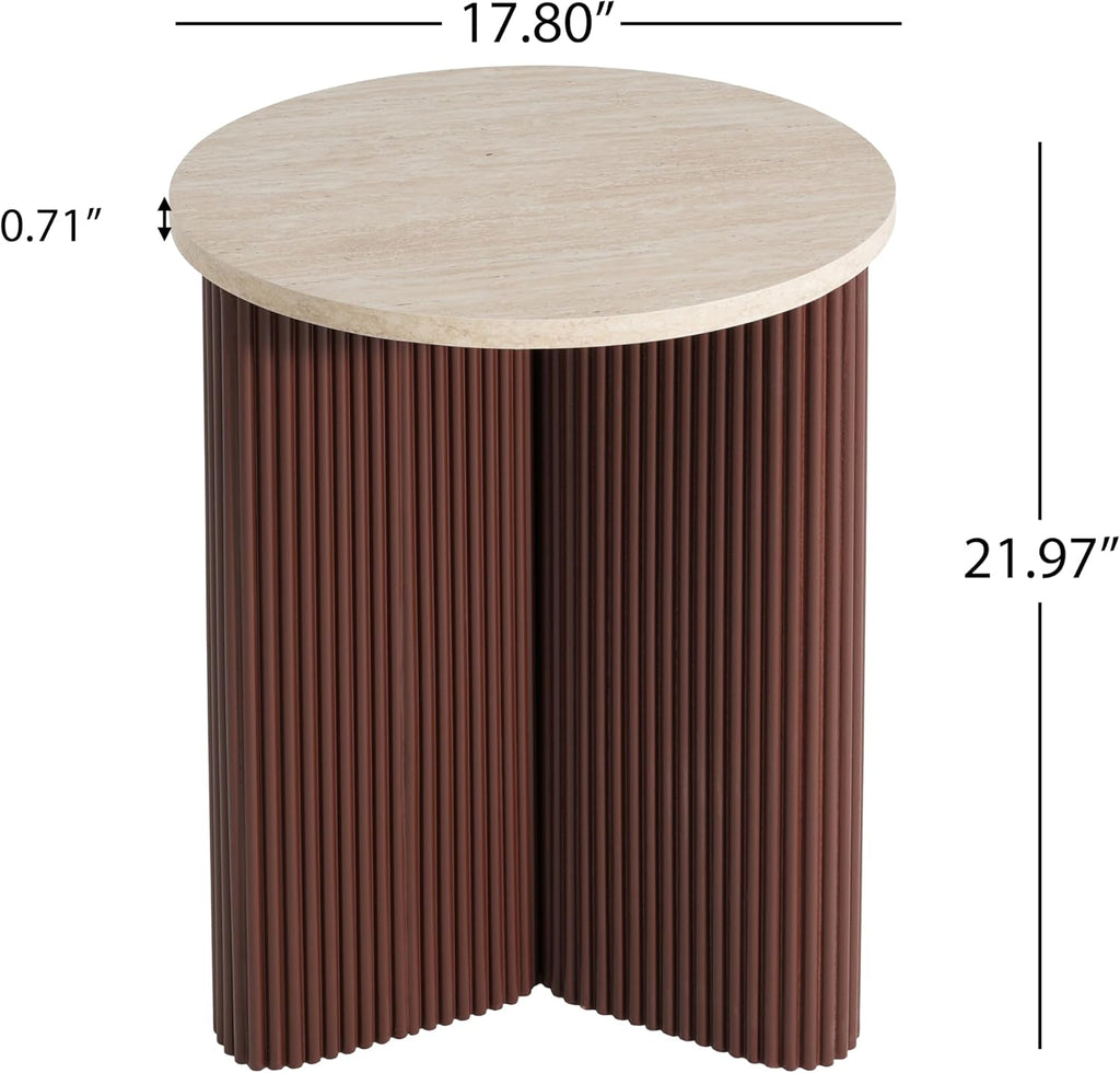 Merax Modern Round Side Table with Faux Marble Top & Brown Ribbed Base - Compact Round Coffee Table with Wooden Fluted Legs - 17.8' Accent End Table for Living Room & Bedroom, Brown