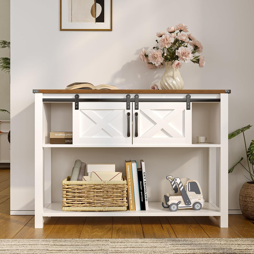 Farmhouse Entryway Table with LED Light, Sofa Table with Sliding Barn Door, Adjustable Open Shelves, 46' Rustic Console Table with Storage, Antique White Hallway for Living Room Bedroom