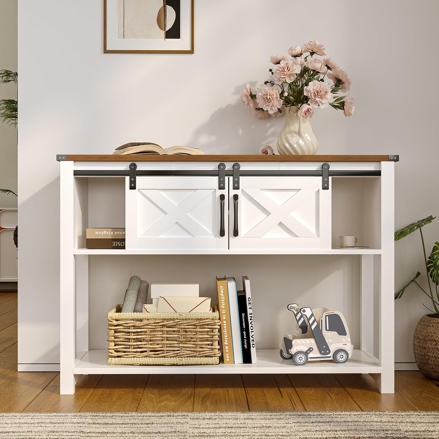 Farmhouse Entryway Table with LED Light, Sofa Table with Sliding Barn Door, Adjustable Open Shelves, 46' Rustic Console Table with Storage, Antique White Hallway for Living Room Bedroom
