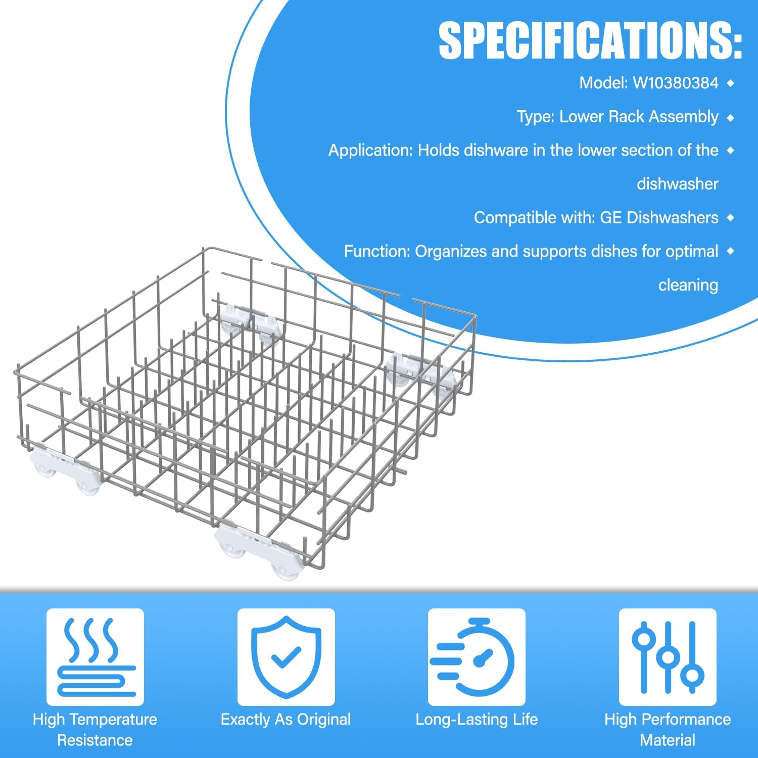 Upgrade W10311986 Dishwasher Lower Rack Replacement W10380384 Compatible with Whirlpool WDTA50SAHZ0 WDT750SAHZ0 WDT970SAHZ0 Dishwasher Parts,For Whirlpool W10380384 Bottom Dish Rack Assembly