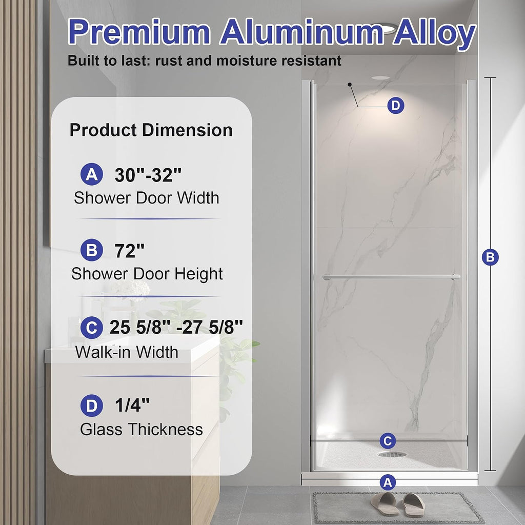 Frameless Pivot Shower Door 30'-32' W x 72' H, Swing Shower Glass Doors with Nano Explosion-Proof Film Tempered Glass 1/4'(6mm) Reversible Installtion, Brushed Nickel Finish