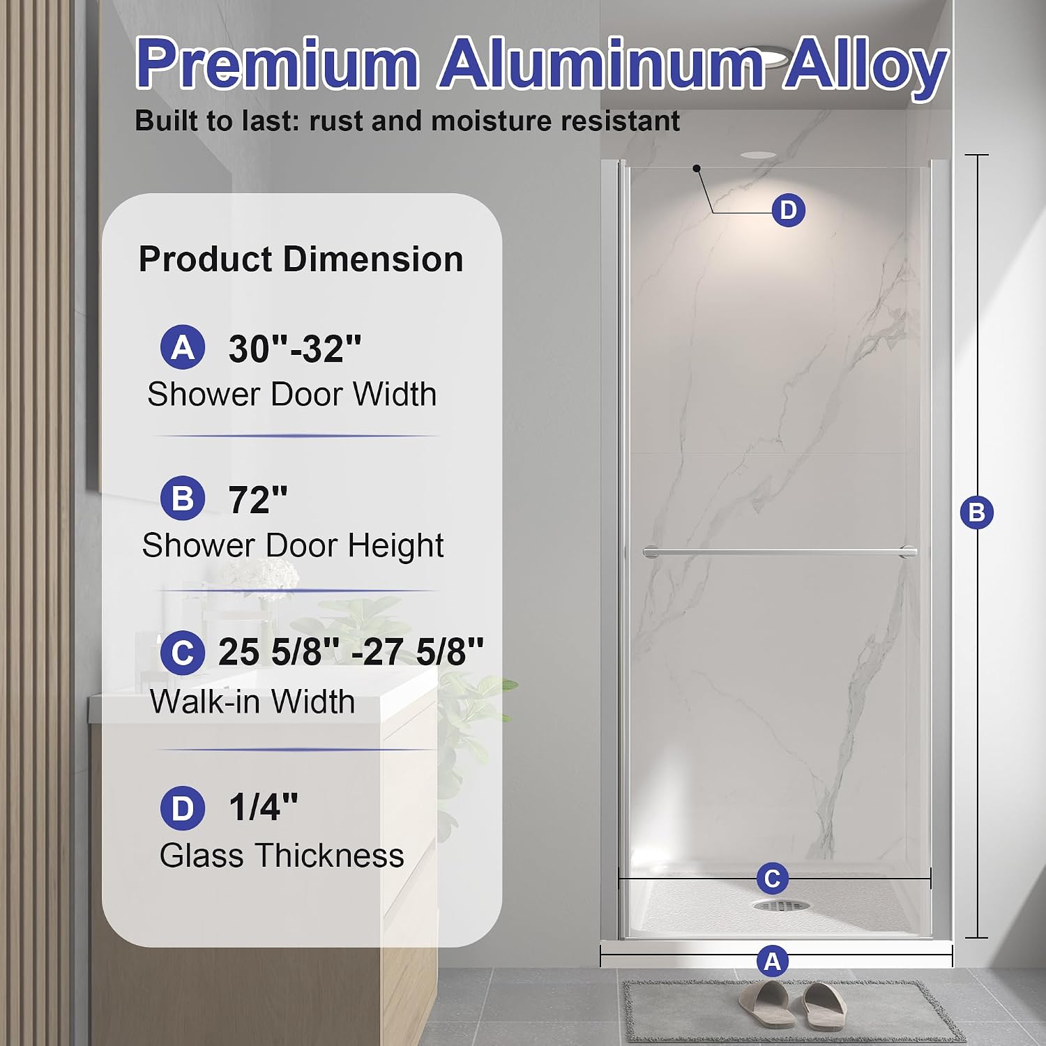 Frameless Pivot Shower Door 30'-32' W x 72' H, Swing Shower Glass Doors with Nano Explosion-Proof Film Tempered Glass 1/4'(6mm) Reversible Installtion, Brushed Nickel Finish