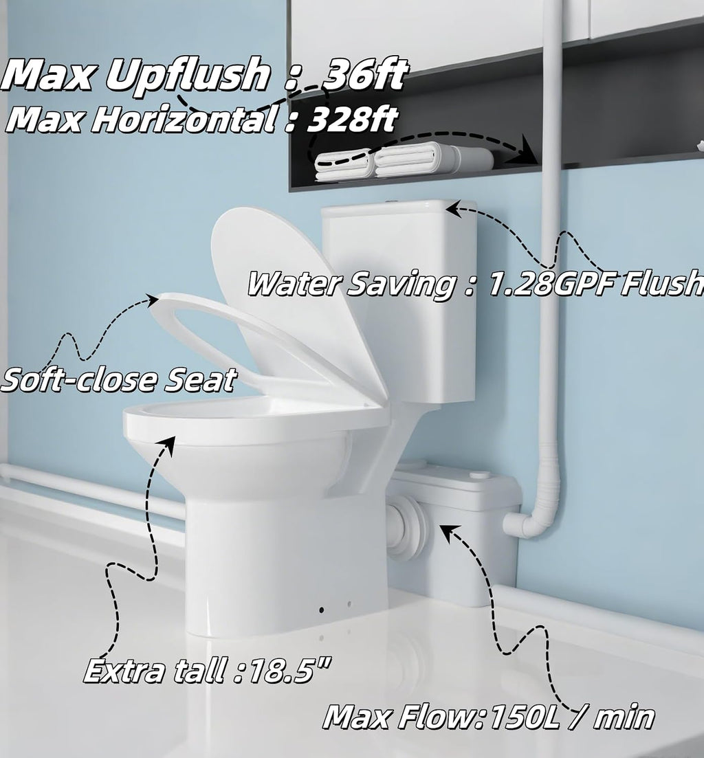 SouNor 750W Macerating Upflush Toilet with Pump System for Basement, 3-Water-inlet Up Flush Macerator [19' Extra Tall], [Dual Flush] for Sink, Toilet, Bathtub, [750 Watt]