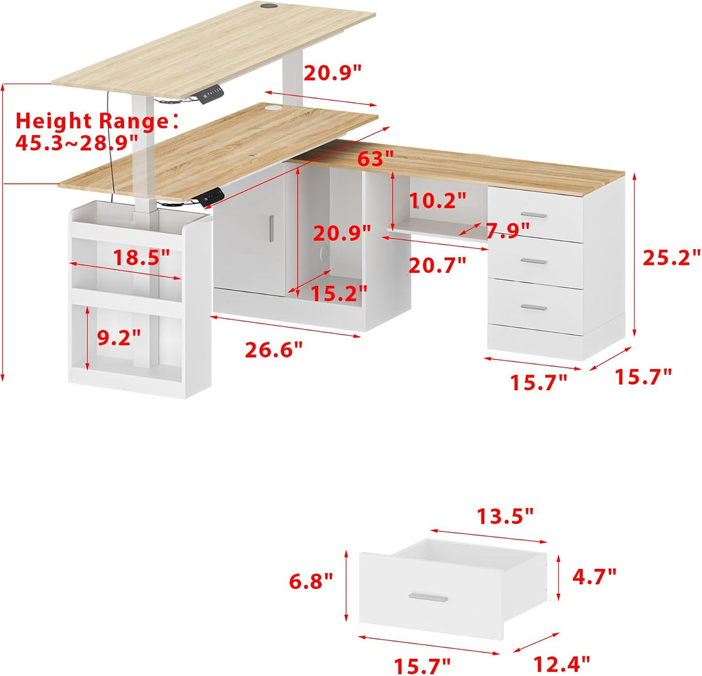 MOUMON L Shaped Standing Desk with Drawers and Shelves, Executive Adjustable Height Desk, L-Shaped Design, 63 inch Tabletop, for Office Oak and White (63'W x 63'D x 28.9-45.3'H)