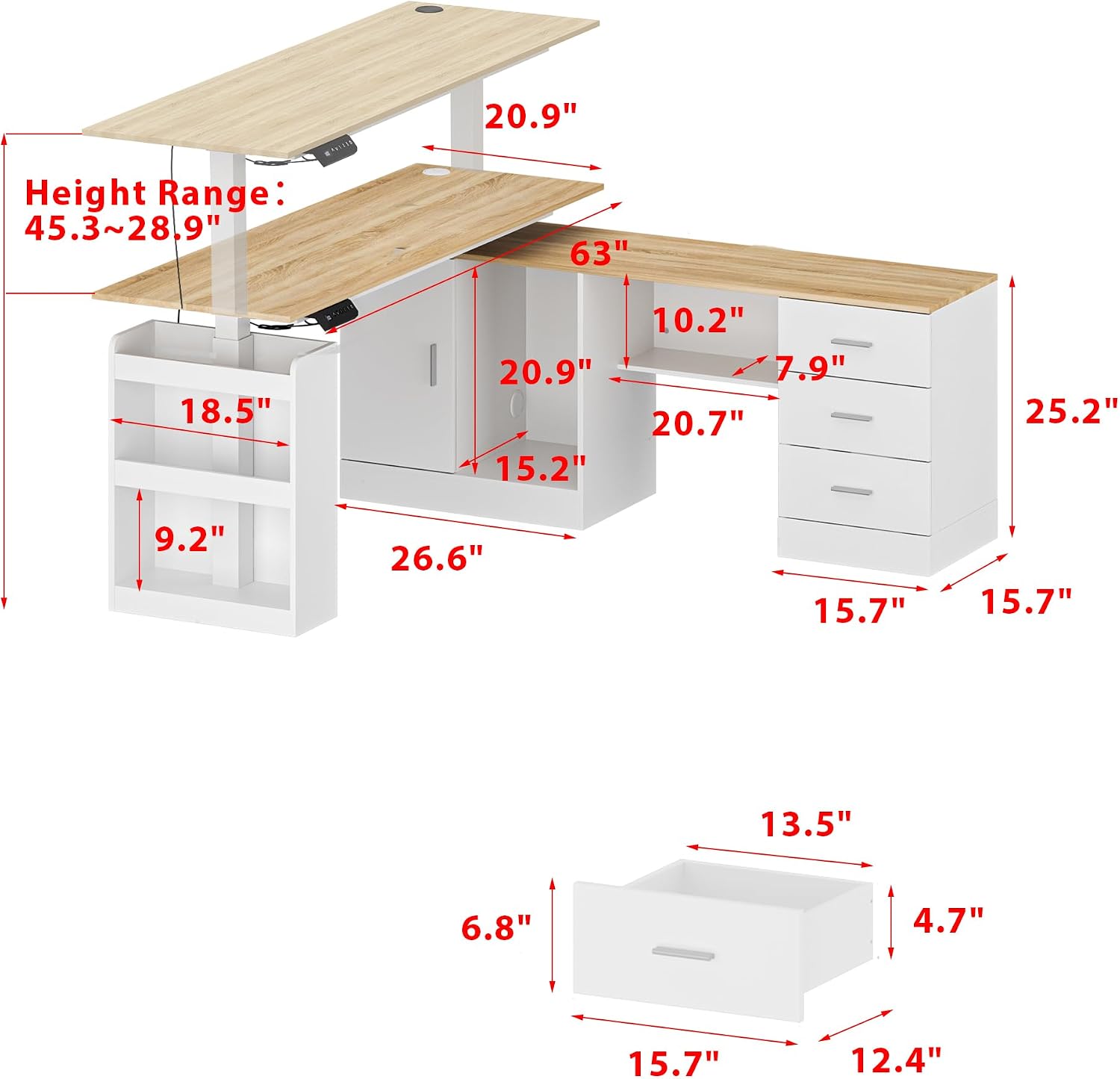 MOUMON L Shaped Standing Desk with Drawers and Shelves, Executive Adjustable Height Desk, L-Shaped Design, 63 inch Tabletop, for Office Oak and White (63'W x 63'D x 28.9-45.3'H)