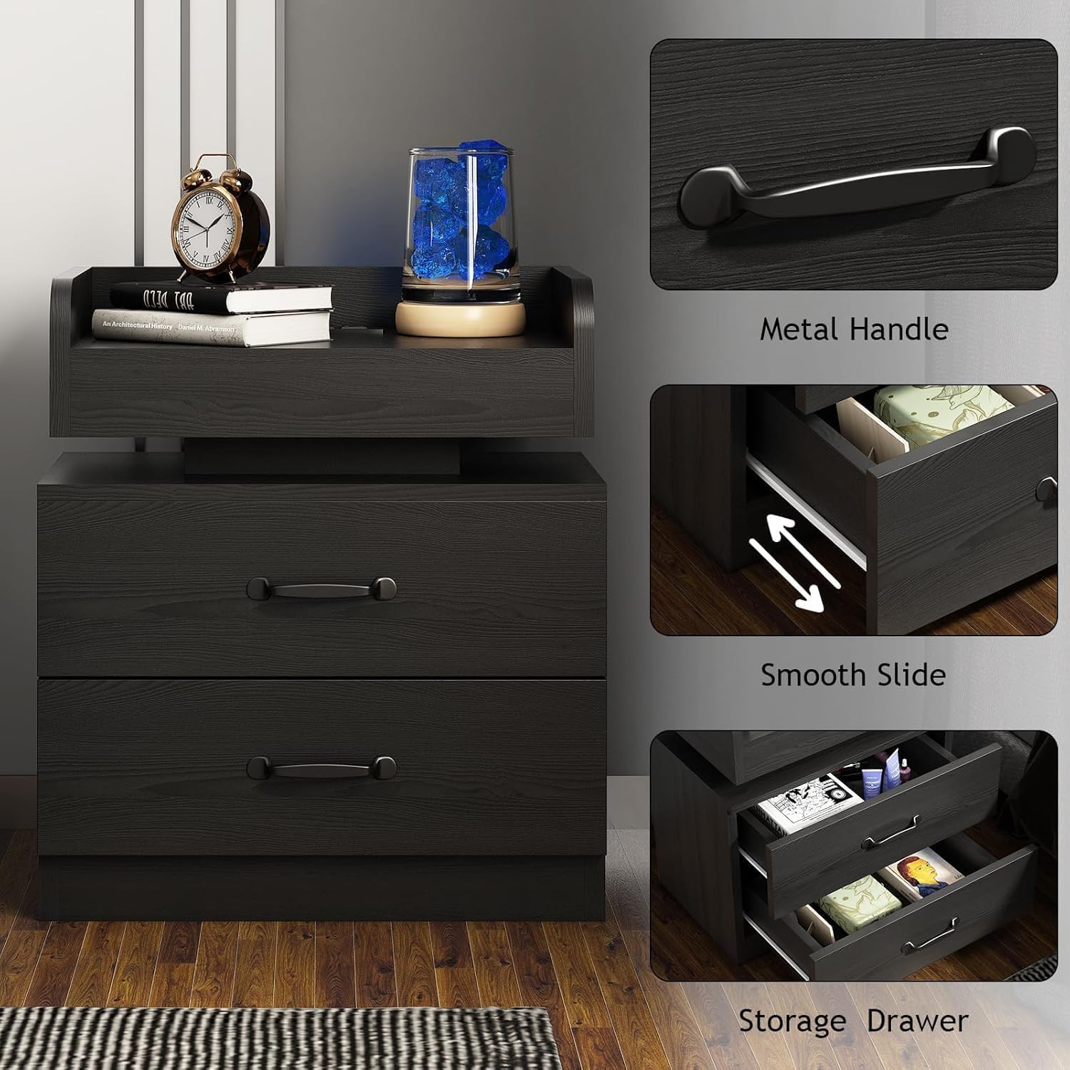 4ever2buy Black Nightstand Set of 2 with Charging Station and LED Lights Modern Bedside Tables with Drawers End Tables for Bedroom