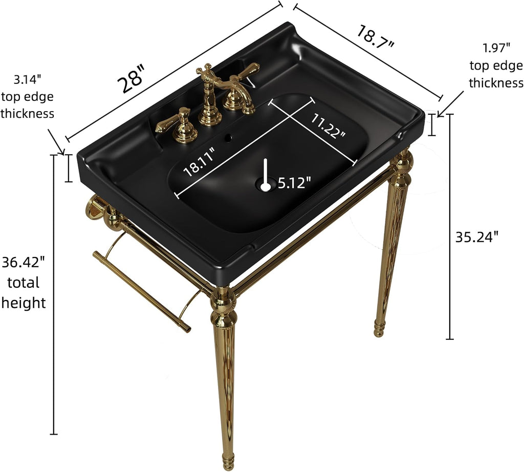 28' Bathroom Console Sink, Wall Mounted Black Ceramic Vanity Basin with 3 Pre drilled Faucet Holes, Freestanding Stainless Steel Support Legs with Towel Bar, No Faucet Sink Cover, Gold Color