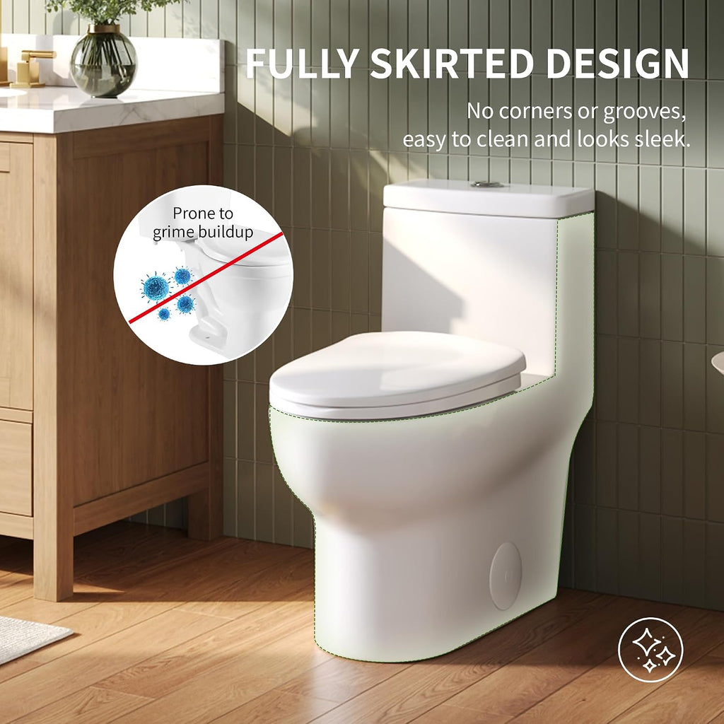 DeerValley Elongated One Piece Toilet with Efficient Dual Flush 1.1/1.6 GPF | Standard Height Toilet Bowl, Durable Ceramic, Slow Close Seat, Skirted Design 10' Rough-In Toilet for Bathroom DV-1F026R