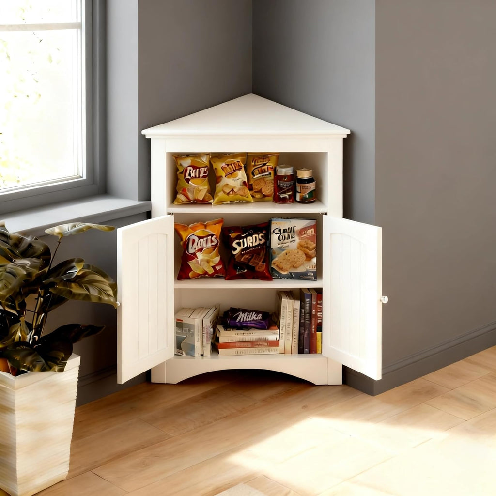 Corner Storage Cabinet Classic White, Modern Freestanding Floor Cabinet with 2 Doors, Open Top Shelf & Adjustable Interior Shelf for Bathroom, Living Room & Kitchen