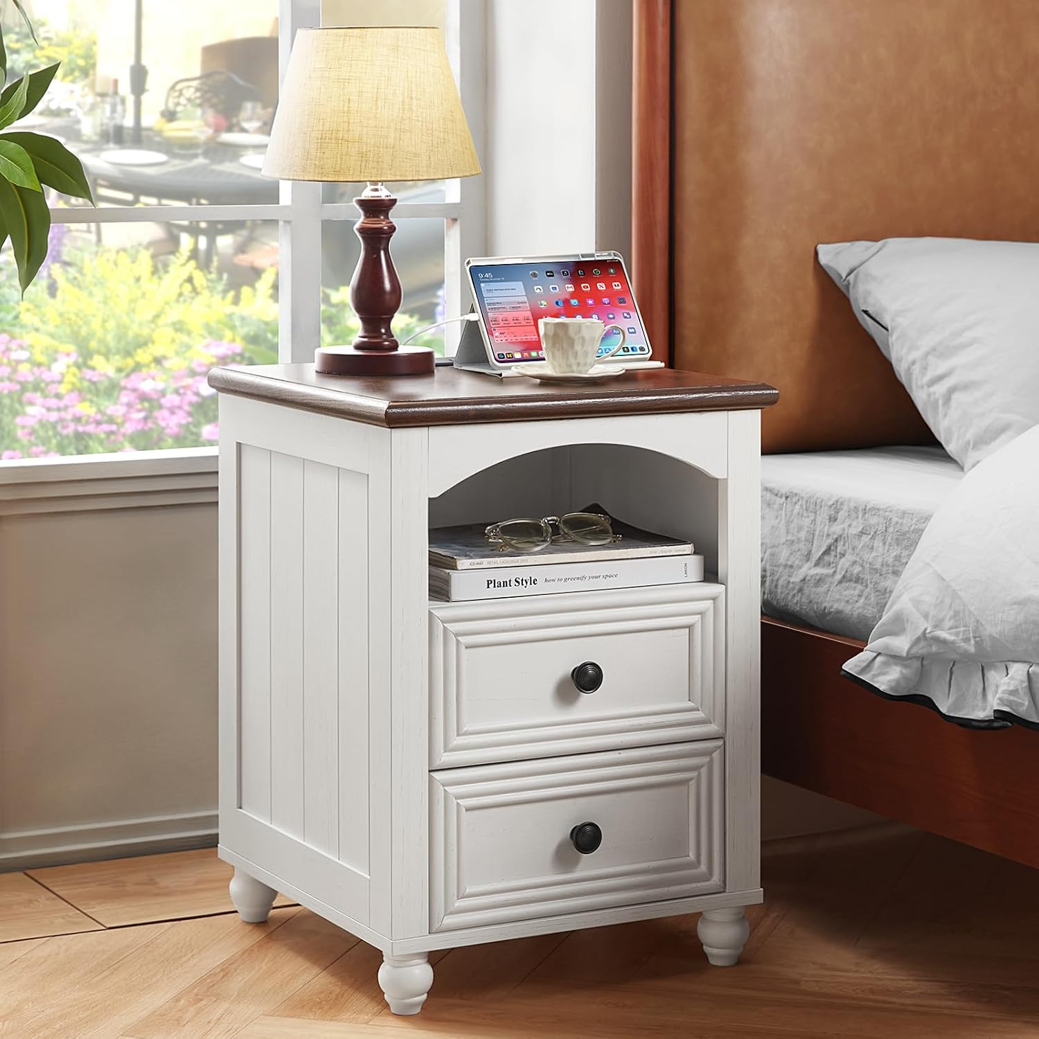 RWYHG 18' Farmhouse Night Stand with Charging Station, White Wood Nightstand with 2 Drawers, Bedside End Table with Shelf Storage, Bed Side Tables Cabinet for Bedroom, Living Room, and Closet