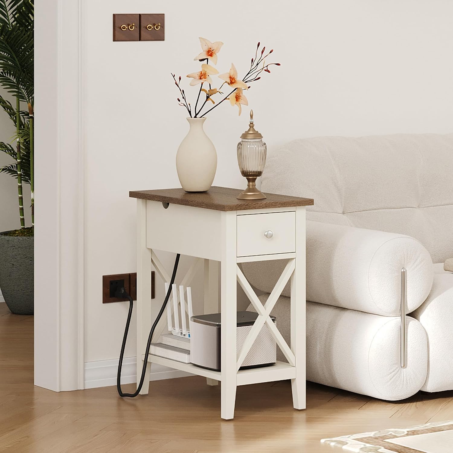 ChooChoo End Table Set of 2 with Charging Station, Narrow End Table with USB Ports and Outlets, Small Side Table Nightstand with Drawer for Living Room, Bedroom, Soft White