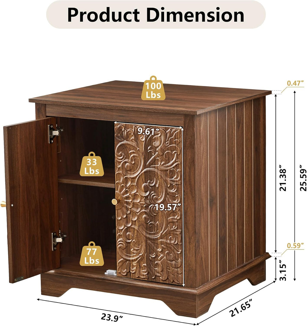 weselon Farmhouse End Table with Carved Floral Door, 24' Wide Nightstand with Adjustable Shelf, Wooden Square Sofa Side Table Storage Table for Living Room Bedroom (Walnut)