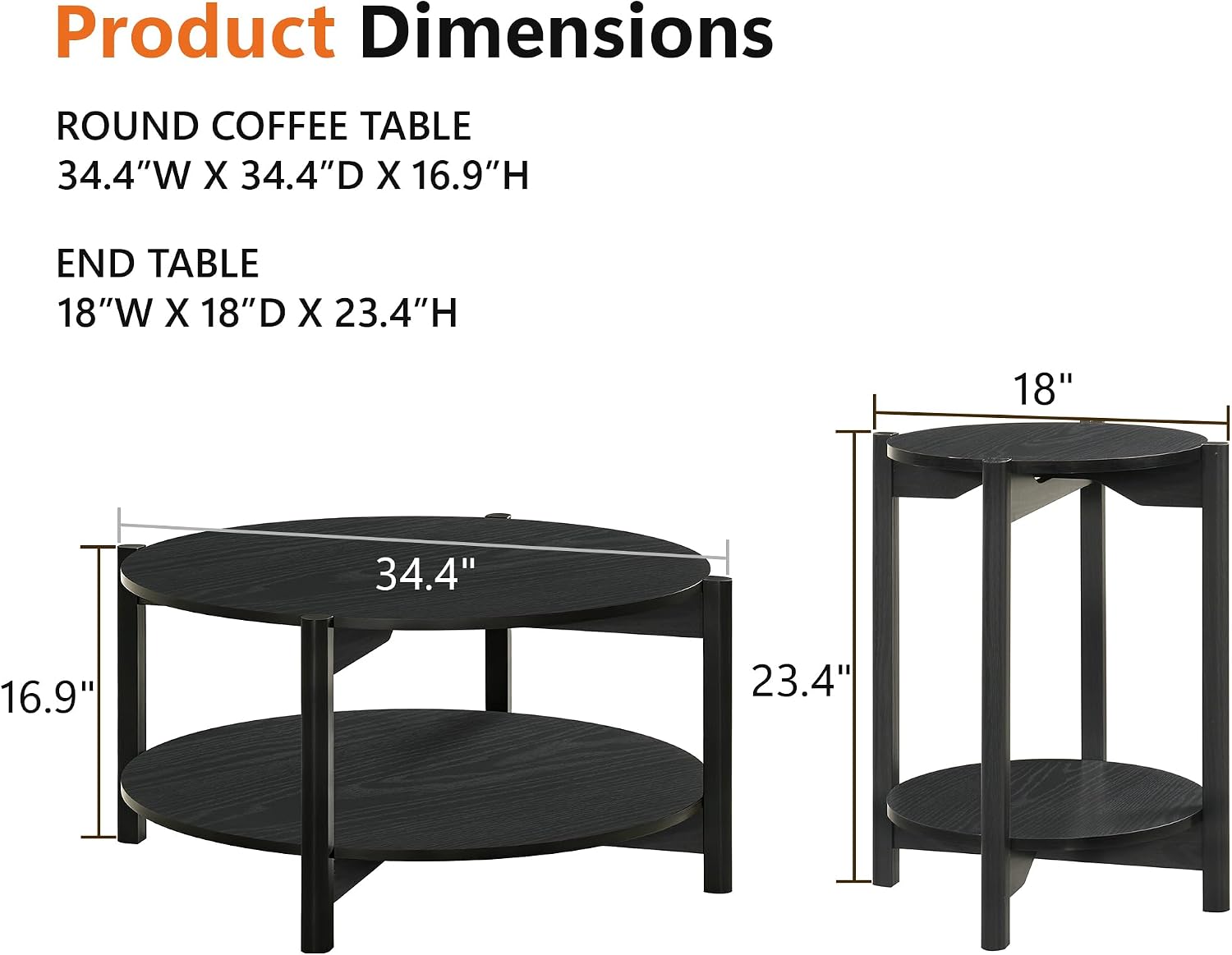 Round Coffee Table Set of 2, 34.4' Modern Wood Coffee Table and Side Table, Sturdy X-Brace Frame, 2 Piece Coffee Table for Living Room, Home Office