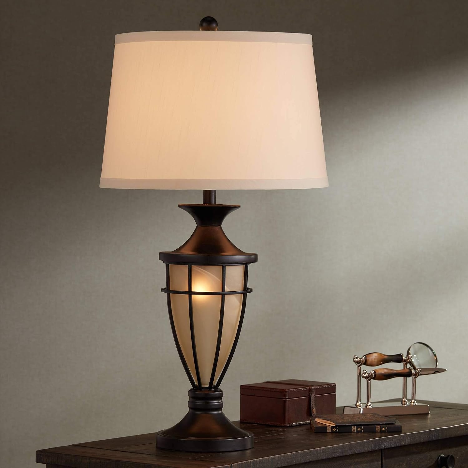 John Timberland Mission Cage Table Lamps 33' Tall Set of 2 with Nightlight Lantern Brushed Iron Brown Beige Fabric Shade for Living Room Bedroom House Bedside Nightstand Home Office Entryway