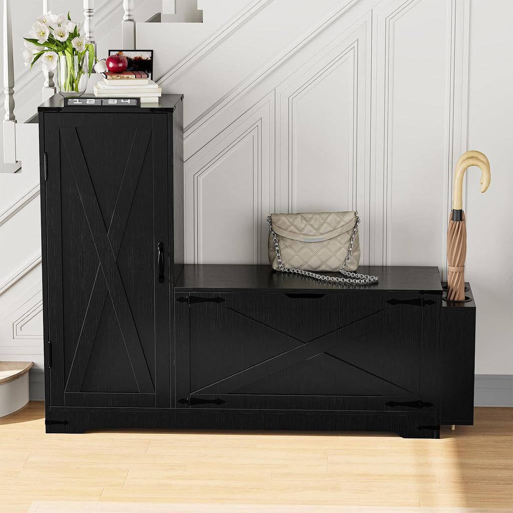 GOODONE 52' Farmhouse Shoe Cabinet with Bench, L-Shaped Shoe Storage Bench with Umbrella Stands, Tall Shoe Organizer Cabinet with Adjustable Shelves for Entryway, Living Room, and Stairwell(Black)