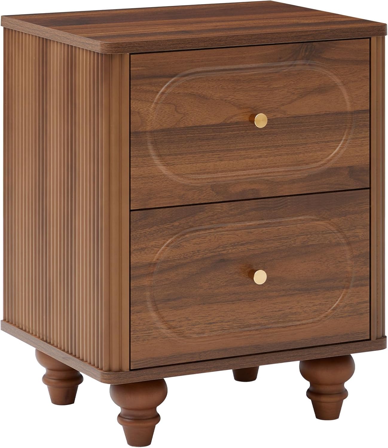 2 Drawer Fluted Nightstand Set of 2, Mid Century Modern Farmhouse Night Stand Small End Table Bedside Table for Bedroom, Living Room, Walnut