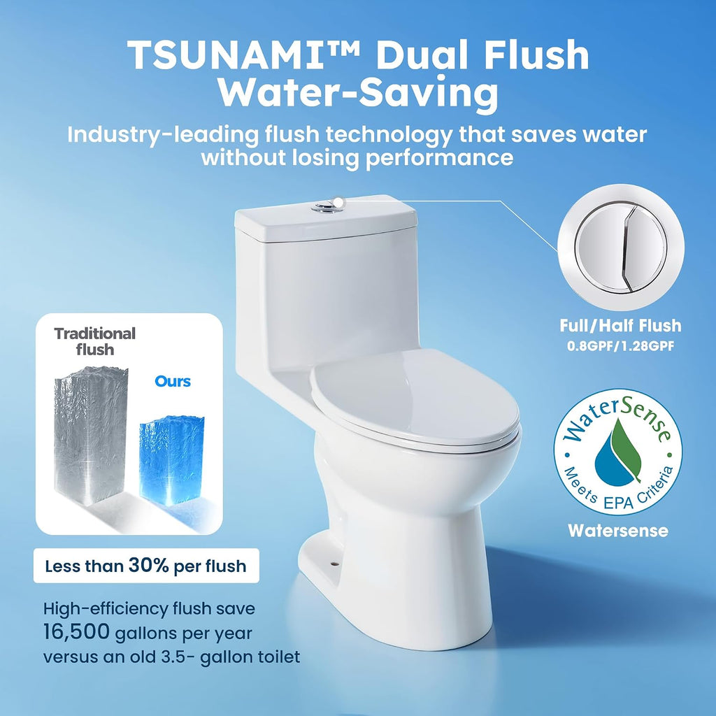 360° TSUNAMI Flush One-piece Toilet: 17.3' ADA Height, Nano Self-Cleaning, WaterSense/MAP/CUPC Certified, 0.8/1.28 Gal Dual Flush-Water saving, Elongated Bowl & Soft-Close Seat,12' Rough-In