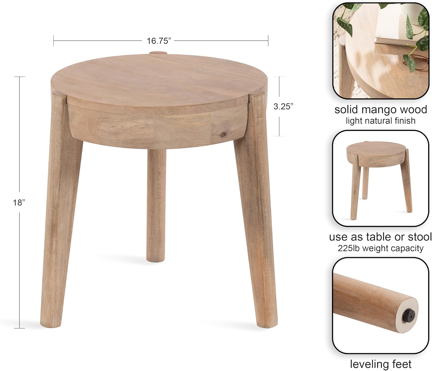 Kate and Laurel Vola Round Wood Side Table, 17 x 17 x 18, Natural Wood, Transitional End Table for Use as Bedside Nightstand, Living Room Ottoman, or Bedroom Vanity Stool
