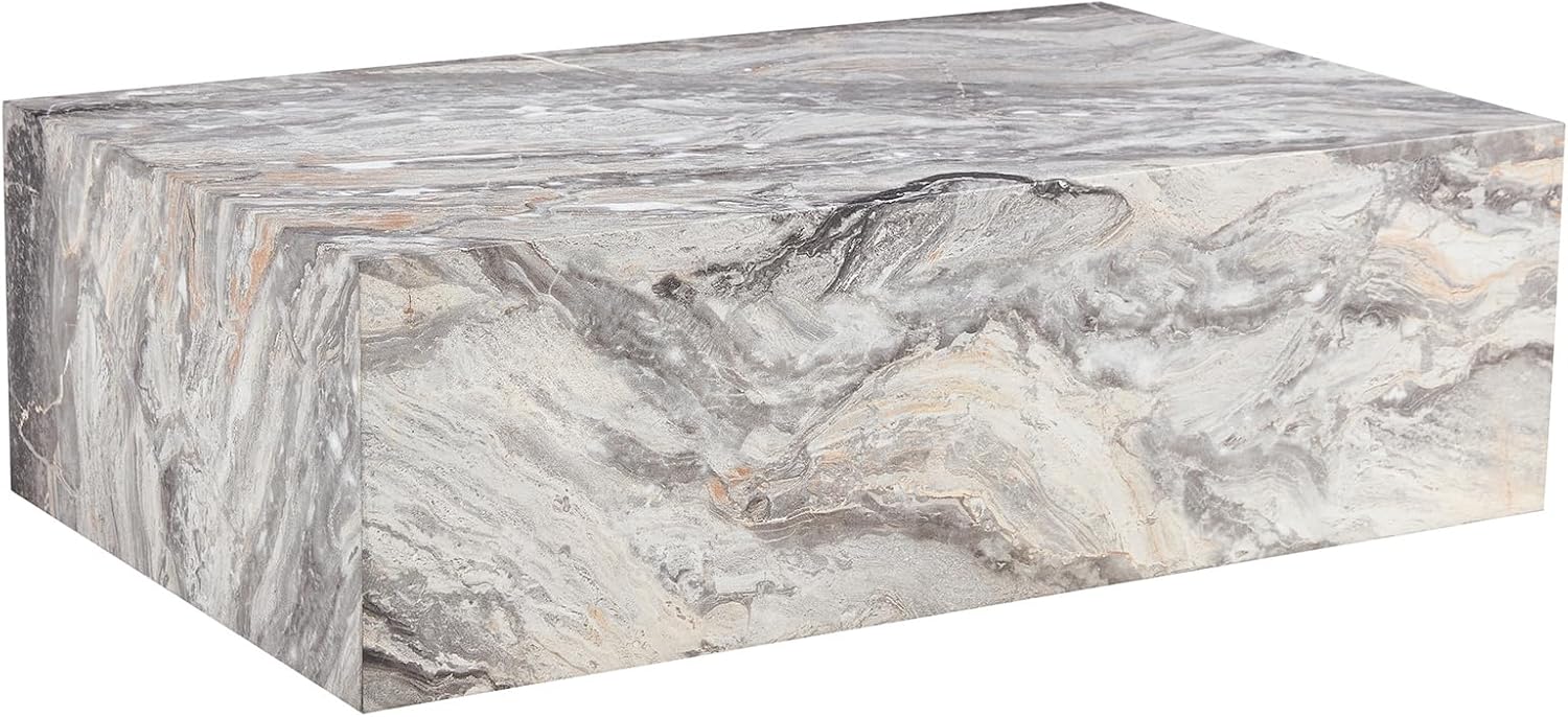 Grey Marble Coffee Table for Living Room Rectangular Faux Marble Center Tables Modern Elegant Wooden Cocktail Table for Home Office -Fully Assembled