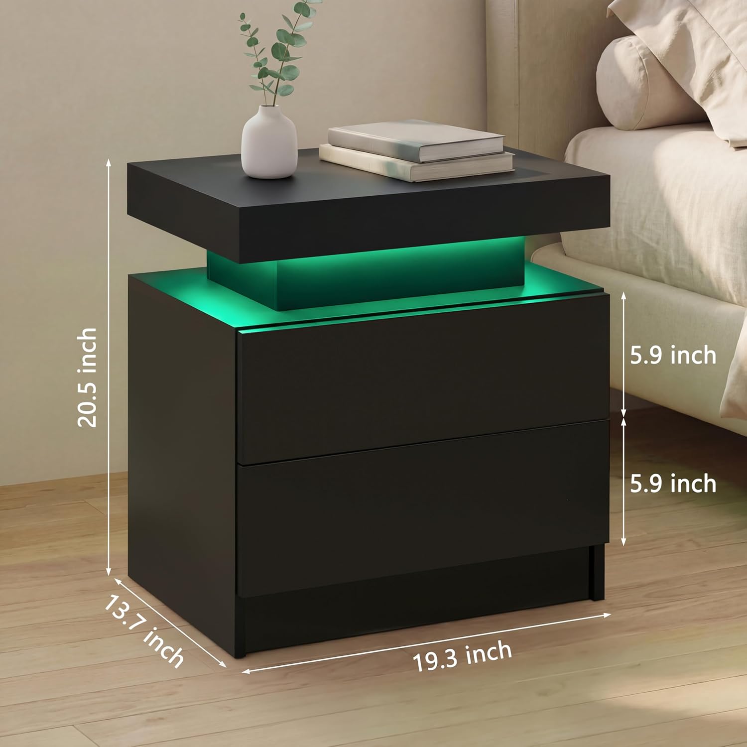 i-aplus Black Nightstand Set of 2 LED Bedroom Nightstands Set of 2 Modern Night Stands Set 2 Bedside Table with 2 Drawers for Bedroom