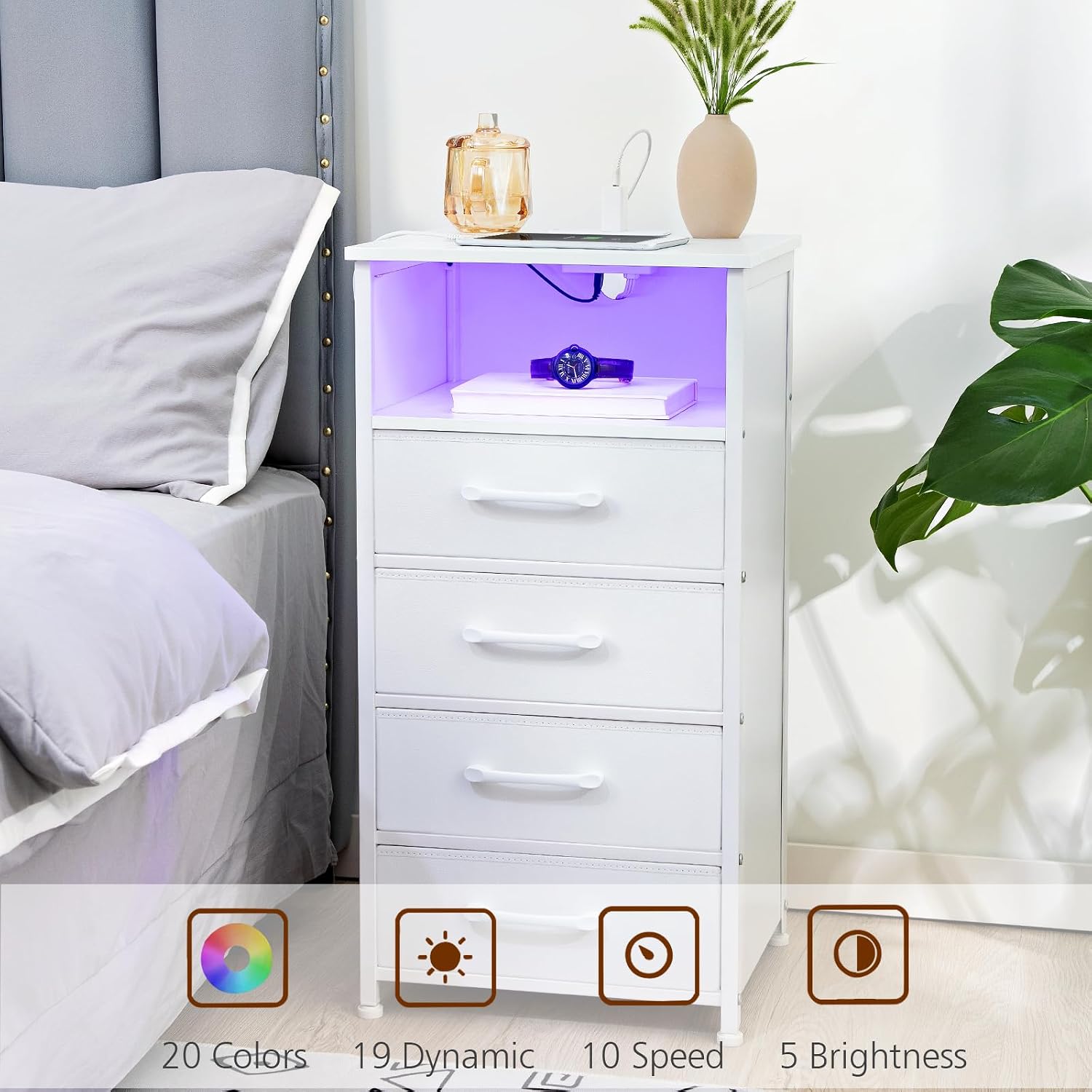 LOAKEKEL Night Stand Set 2, Tall Nightstand with Charging Station for Bedroom with 4 Drawers, LED End Table with USB Ports and Outlets, Bedside Table with Storage Shelf, White, HNS034WT