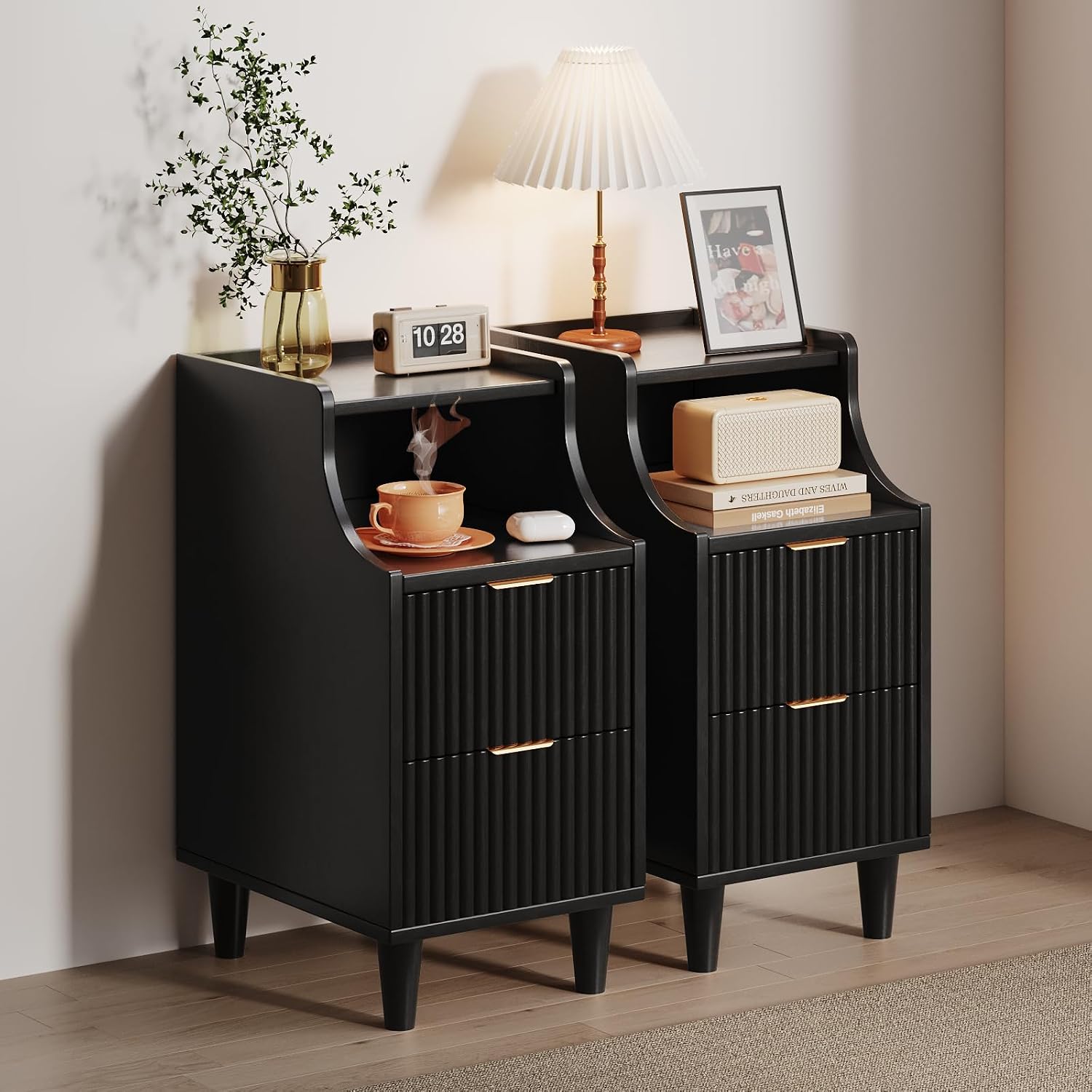 Fluted Nightstands Set of 2,Narrow Bedside Table with 2 Drawers & Storage, Farmhouse Walnut End Table Modern Side Table for Bedroom Livingroom Sofa Office, Small Space