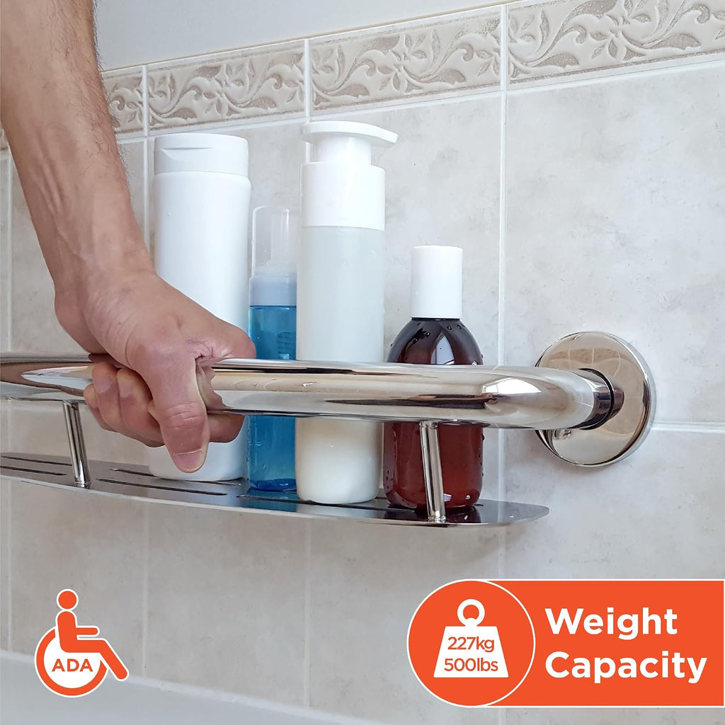 HEALTHCRAFT Plus Shampoo Shelf & Grab Bar 24', ADA Safety - Polished Chrome | Built-in shampoo shelf, concealed screws, no separate shelf needed