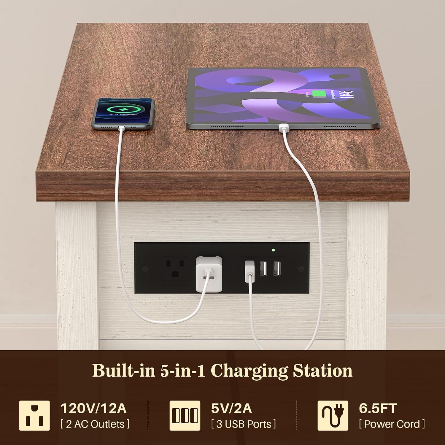 Narrow End Table Set of 2 with Charging Station - Farmhouse Side Tables with Drawer, 14' Wood Nightstands Set of 2 for Bedroom Living Room, Slim Couch Bedside Table Small Spaces, Antique White & Brown
