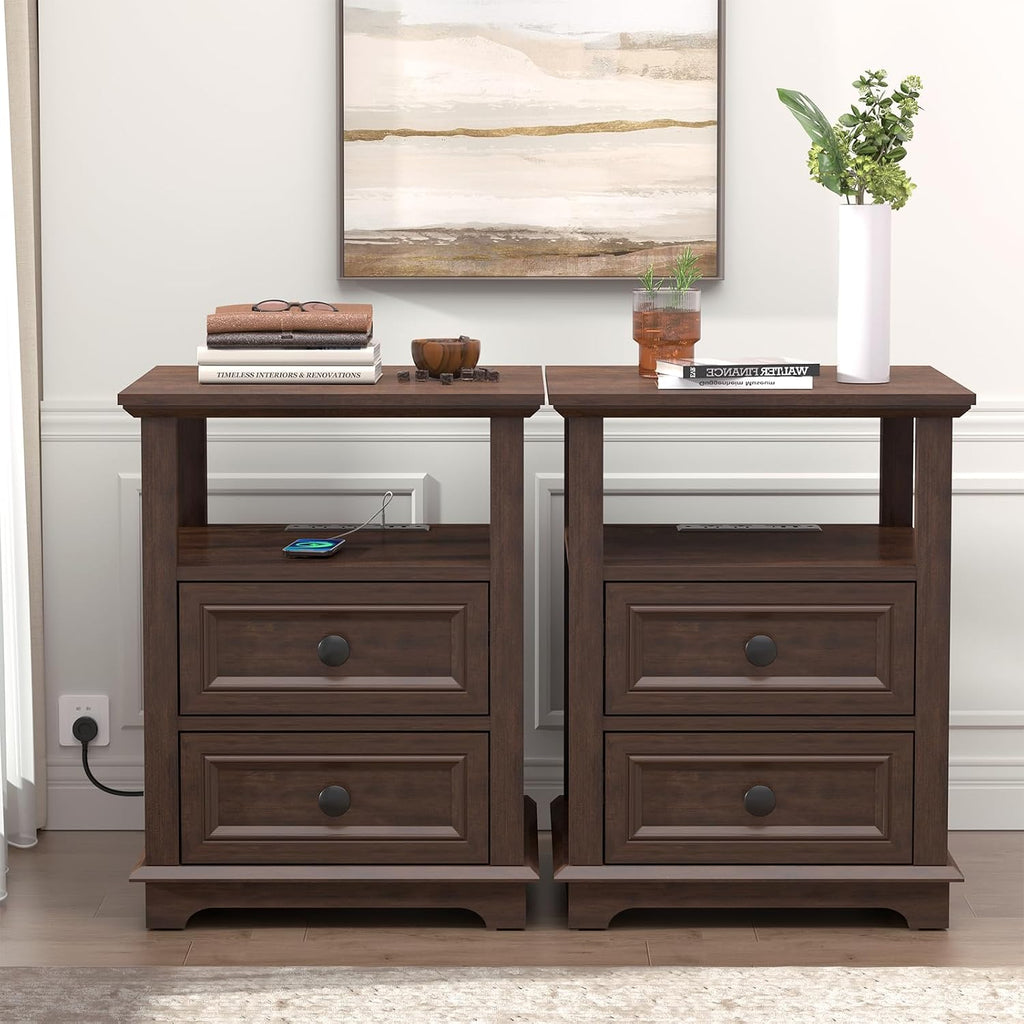REDAYFUR 18' Wide End Table with Fast Charging Station Set of 2, 18' Wide Sofa Side Table with Drawers,End Table with Drawers for Living Room,Cherry