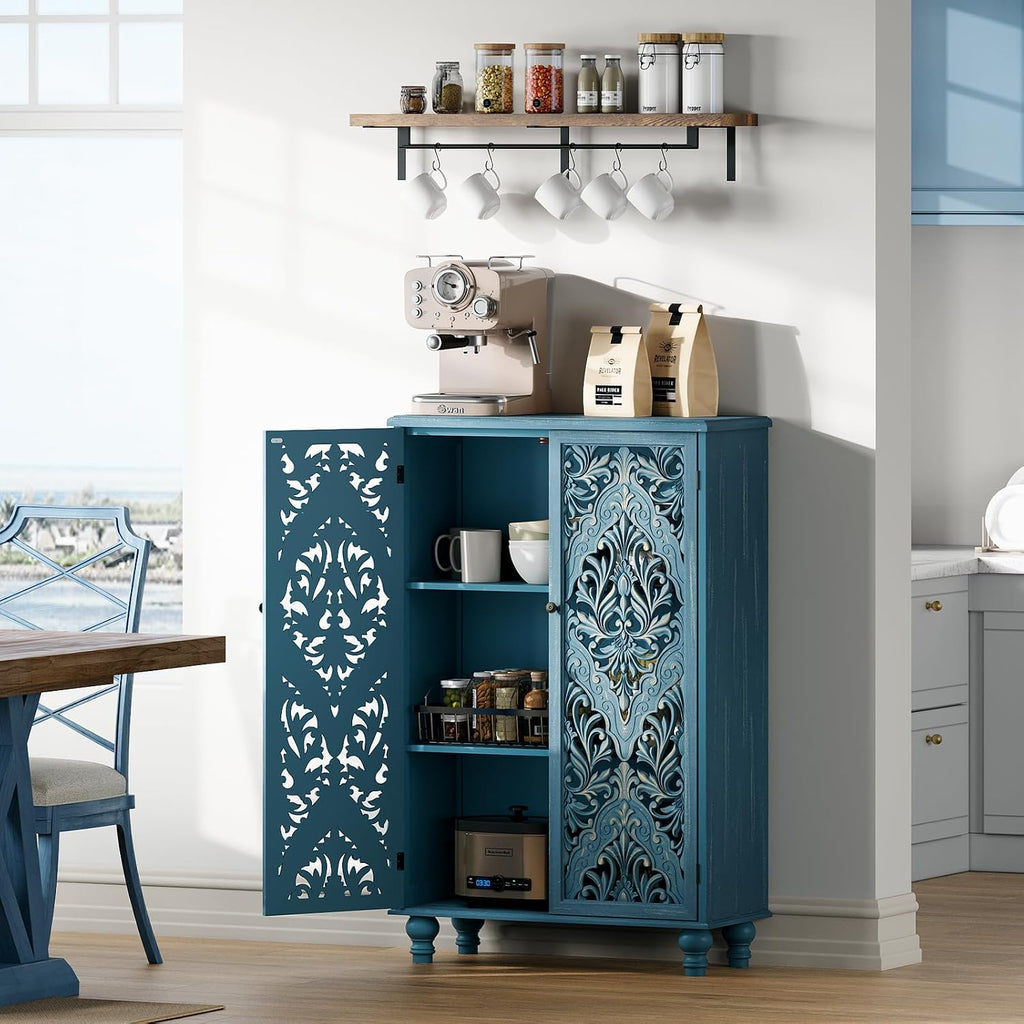 JOINICE 47' Tall Accent Cabinet with Navy Blue Mandala Carved Doors, Solid Wood Legs Storage Cabinet with 100 lbs Capacity, Boho Farmhouse Sideboard Buffet for Entryway, Living Room & Coffee Bar