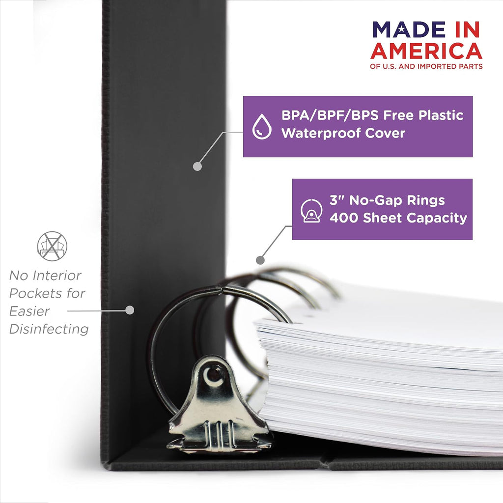 Carstens 3-Inch Heavy Duty 3-Ring Binder - Top Opening, Black, Durable Plastic, No-Gap Rings, Waterproof Cover, No Pockets, Holds 400 Letter Sheets, BPA-Free, Made in USA (1755-3R), Case of 12