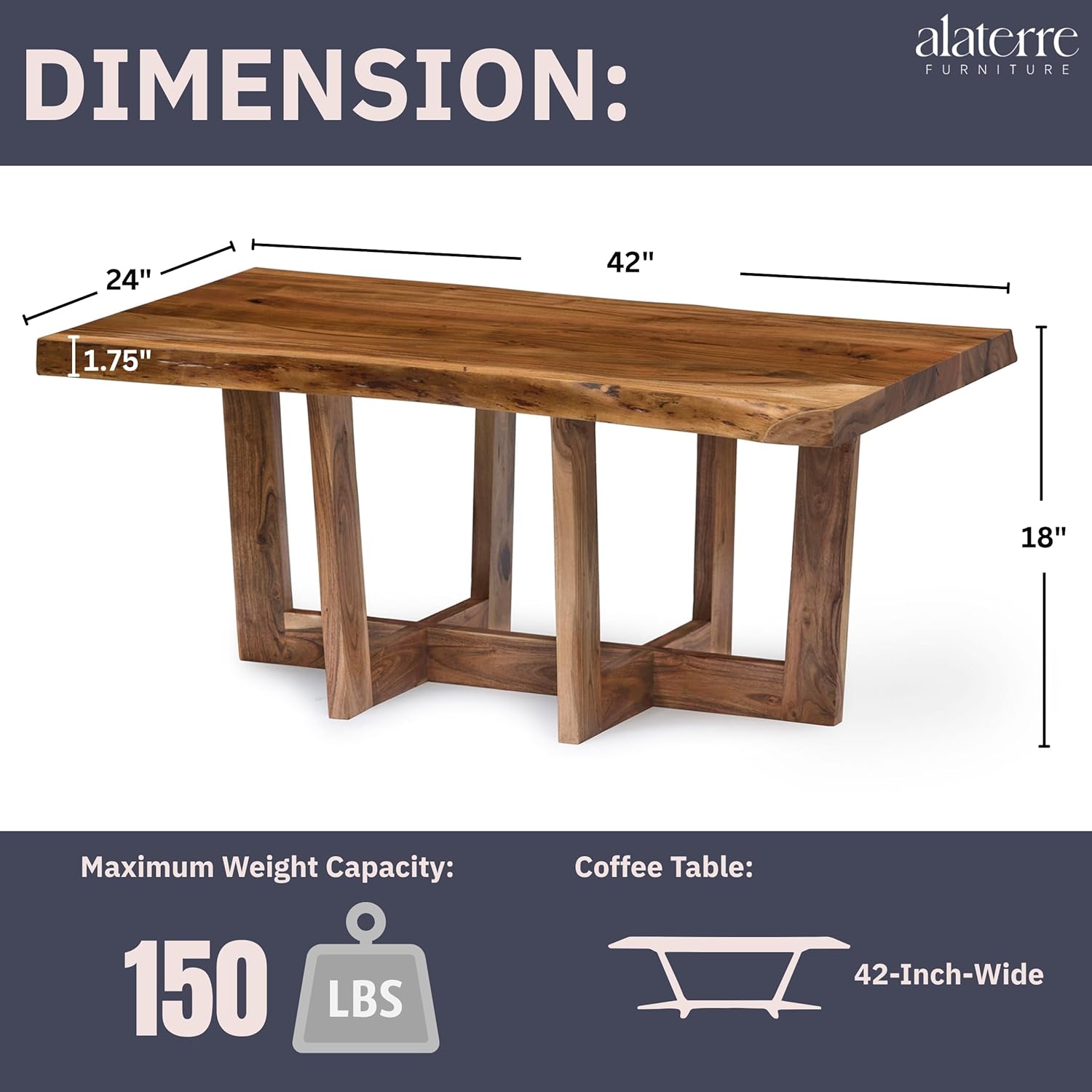 Alaterre Furniture Berkshire Live Edge Solid Wood 42 inch Coffee Table, Natural
