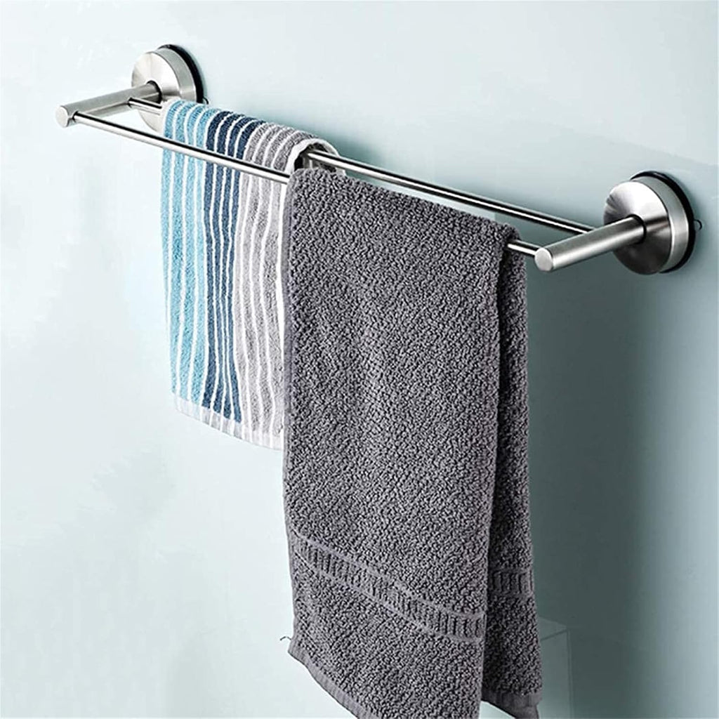 Towel Holder Bathroom Towel Bar with Vacuum Suction Cup Double Towel Holder and No Drill Wall Mount Shelf Rack for Clothes, Washcloths Polished Chrome