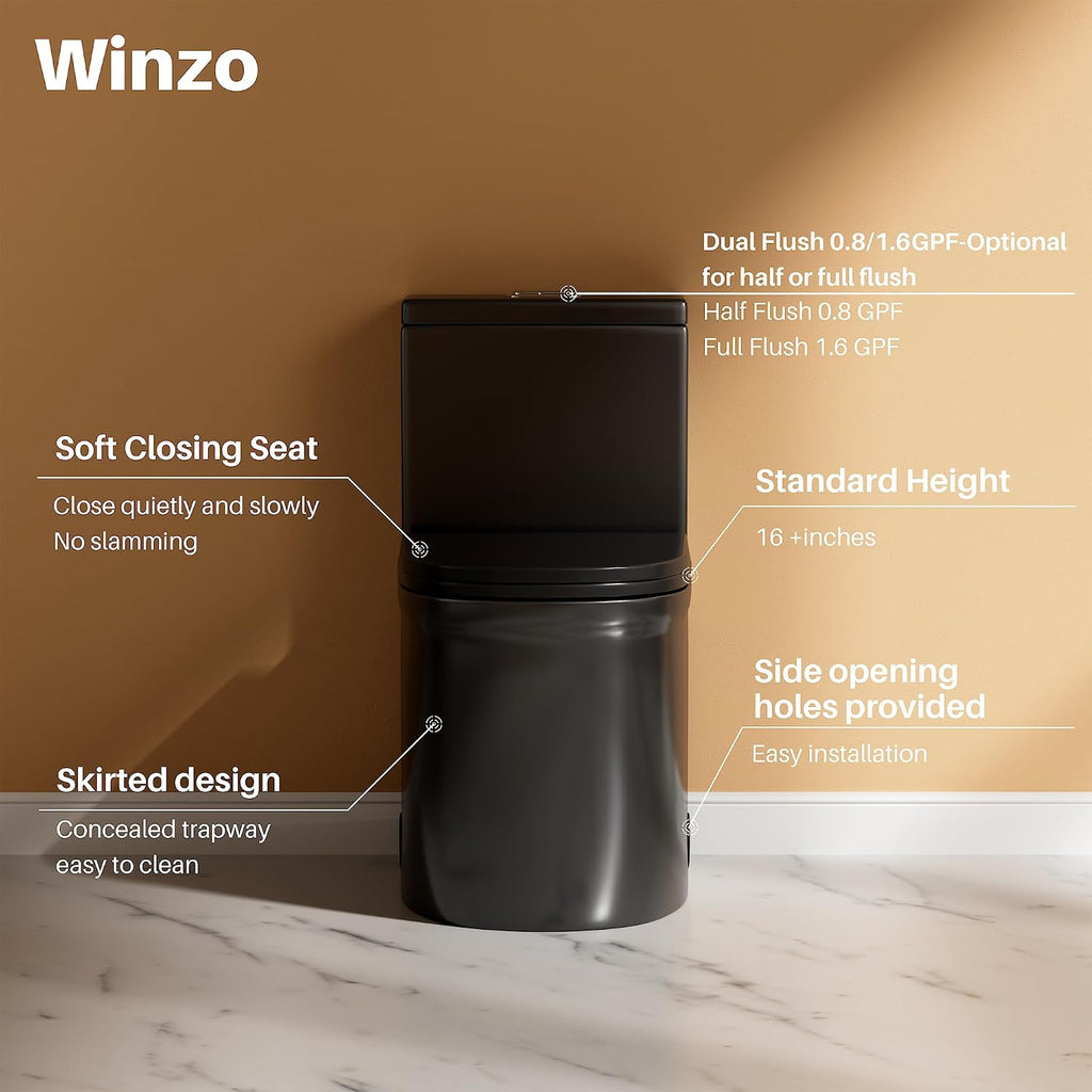 WinZo WZ5079B Compact One Piece Toilet 22.8' Depth Modern Short Design Dual Flush for Small Tiny Mini Bathroom 12' Rough-in,Matte Black