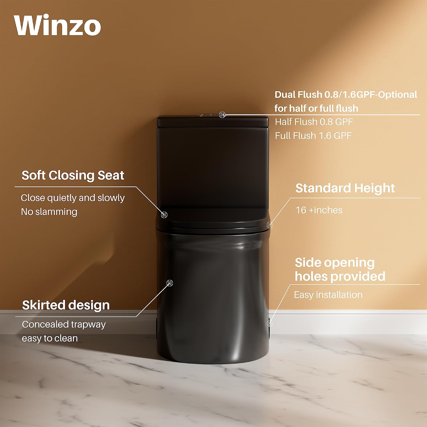 WinZo WZ5079B Compact One Piece Toilet 22.8' Depth Modern Short Design Dual Flush for Small Tiny Mini Bathroom 12' Rough-in,Matte Black