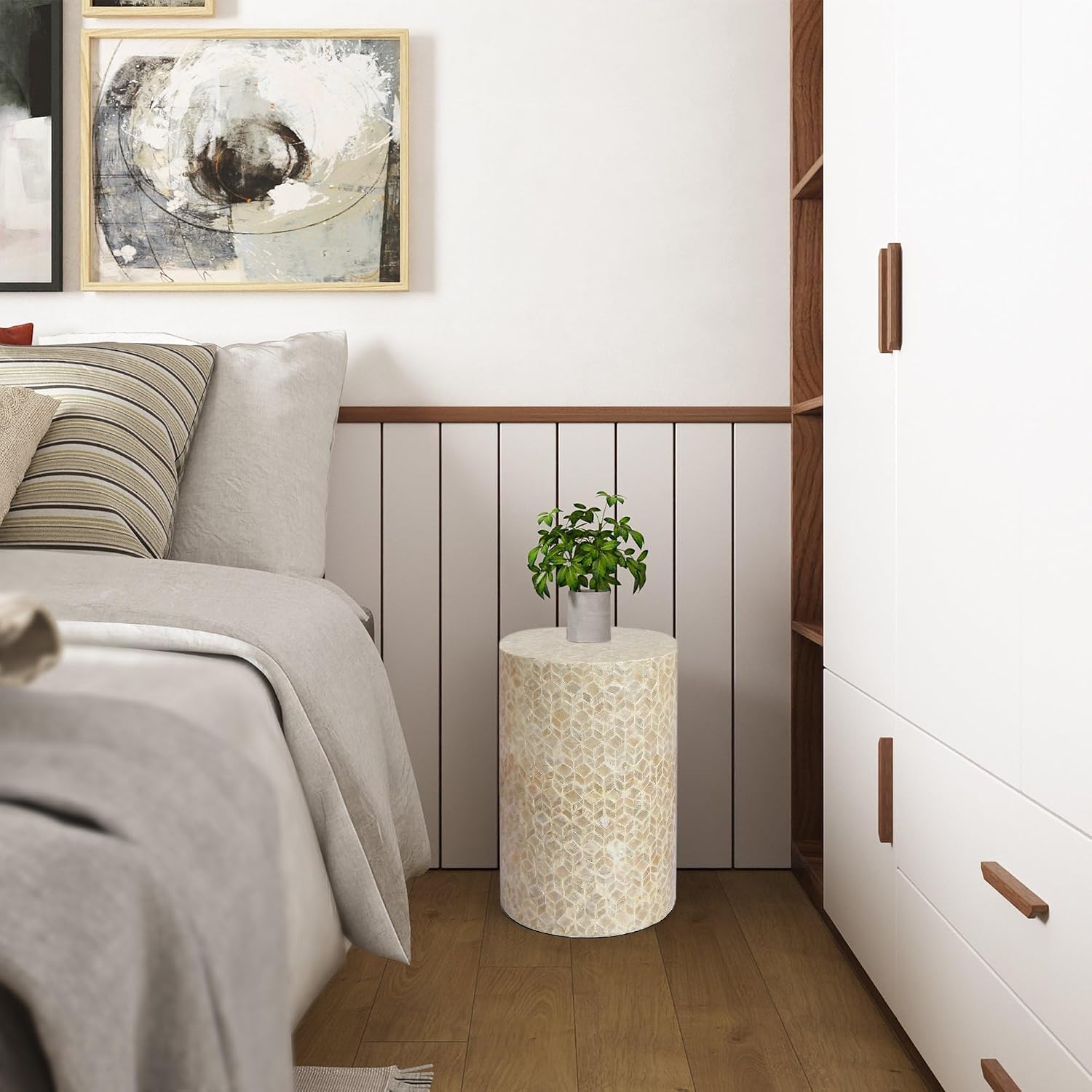 PEMAR Capiz Shell Cylinder Drum End Table Nacre Side Table Stool Round Drum Accent Coffee Bedside Nightstand and Vanity Stool, 13' Diameter x 19.3' High, White Cream