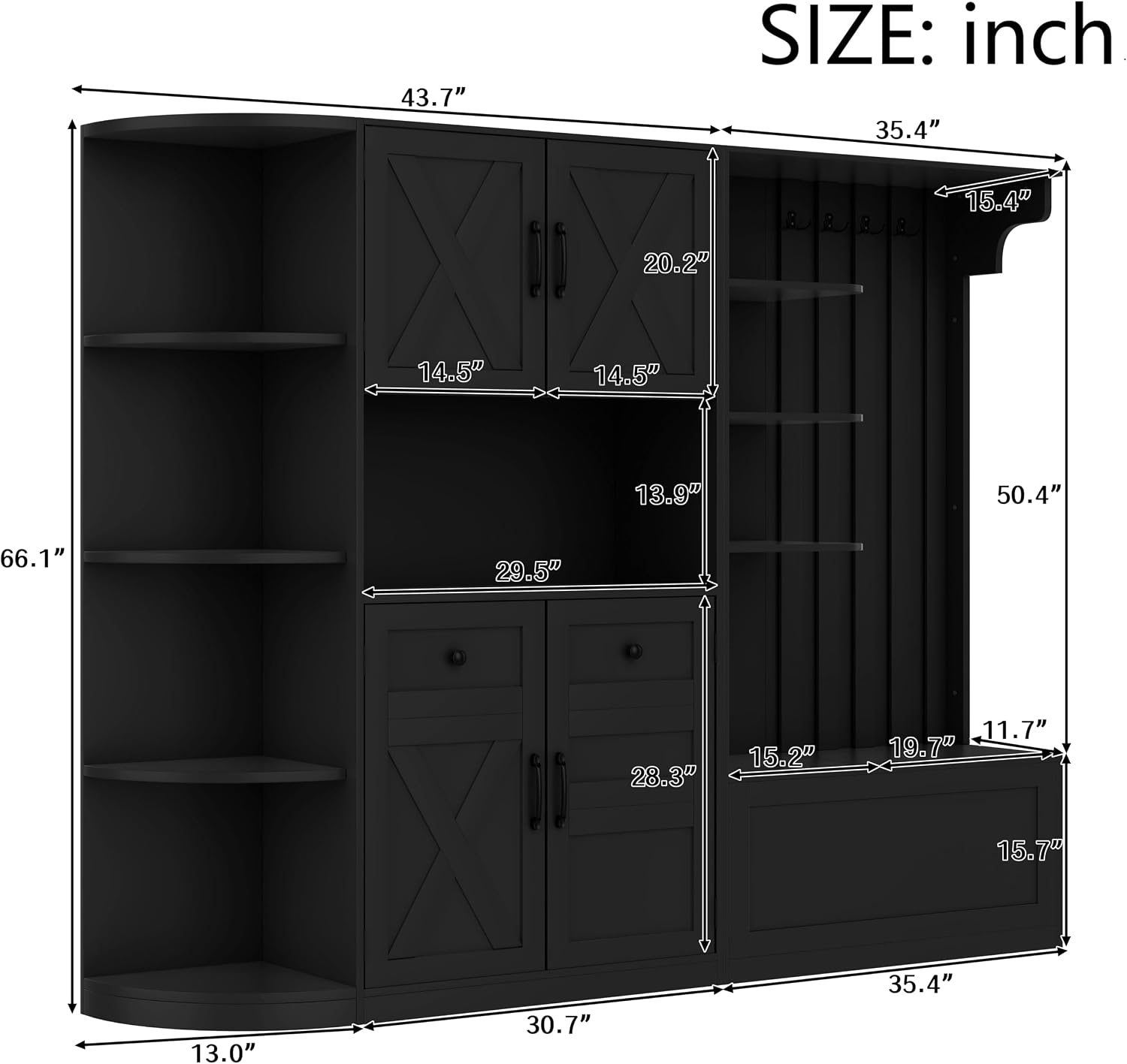 Multifunctional Hall Tree with Shoe Bench & Storage Cabinet,2-in-1 Left-Right L-Shaped Corner Entryway Cabinets with Coat Rack & Open Shelves,Modern Storage Organizer for,Living Room (Black)