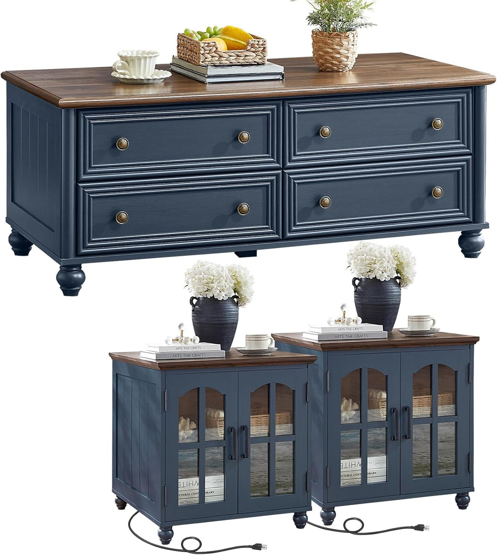 RWYHG Farmhouse Coffee and end Tables 3-Piece Set,Wood 48' Center Table with 4 Drawers,Large Sofa Side Table with Charging Station & with Glass Barn Door Storage for Home Living Room Hallway,Blue