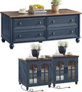 RWYHG Farmhouse Coffee and end Tables 3-Piece Set,Wood 48' Center Table with 4 Drawers,Large Sofa Side Table with Charging Station & with Glass Barn Door Storage for Home Living Room Hallway,Blue