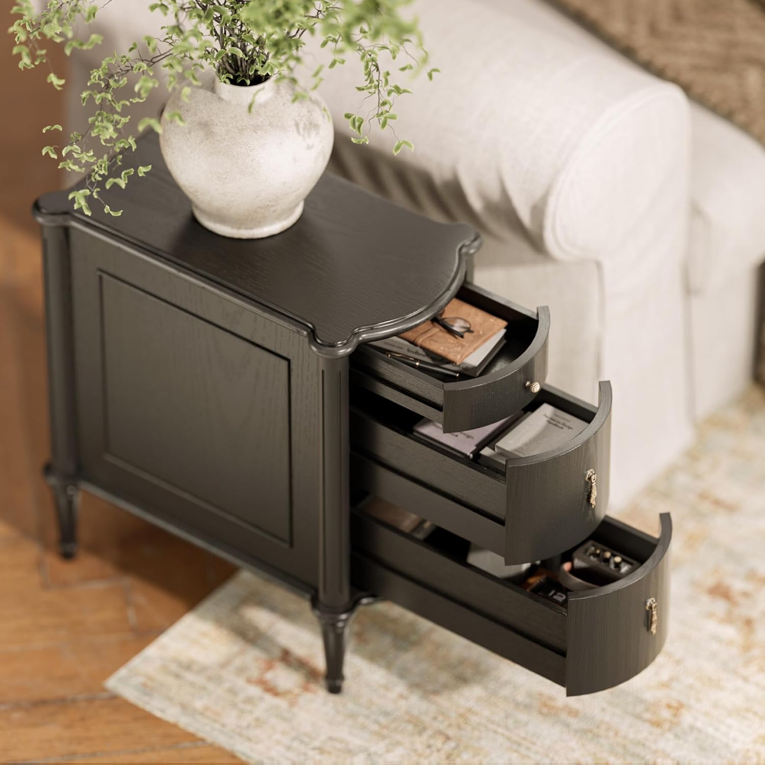 STO'SENSE Nightstand w/Charging Station & 3 Drawers, Pre-Assembled, Vintage Side Table w/Antique-Finished Pulls, Rustic Wood Finish, Narrow End Table w/Turned Legs for Bedroom (2, Black)
