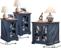 Joaxswe End Tables Living Room Set 3 with Charger Station, Farmhouse 18'' Narrow Night Stand and 24' Square Side Table with Glass Barn Door Storage, Wood Nightstand Bedside Tables for Bedroom Office