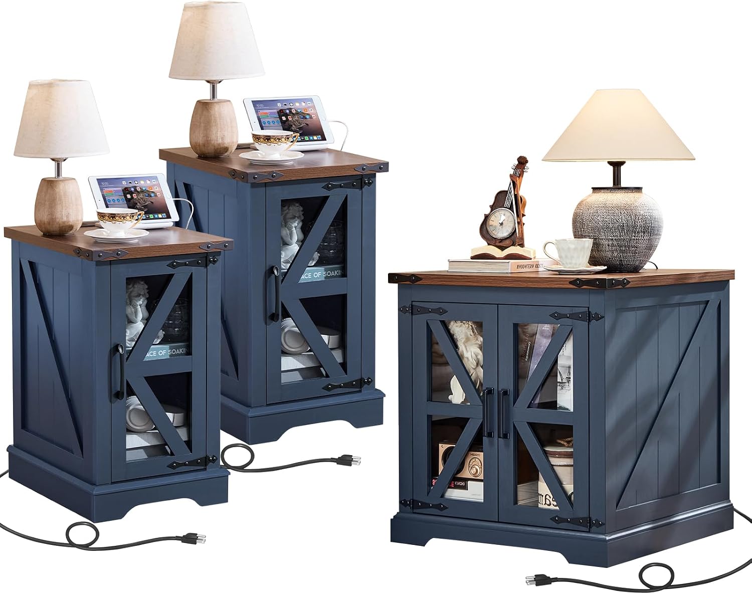 Joaxswe End Tables Living Room Set 3 with Charger Station, Farmhouse 18'' Narrow Night Stand and 24' Square Side Table with Glass Barn Door Storage, Wood Nightstand Bedside Tables for Bedroom Office